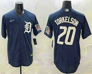 Men%27s Detroit Tigers #20 Spencer Torkelson Navy With Patch Cool Base Stitched Jersey